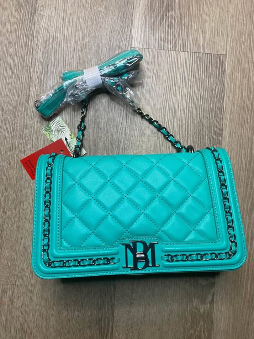 Badgley Mischka Crossbody Bag – Dark Tiffany Blue/Jade Tone, Frame Detail, Chain